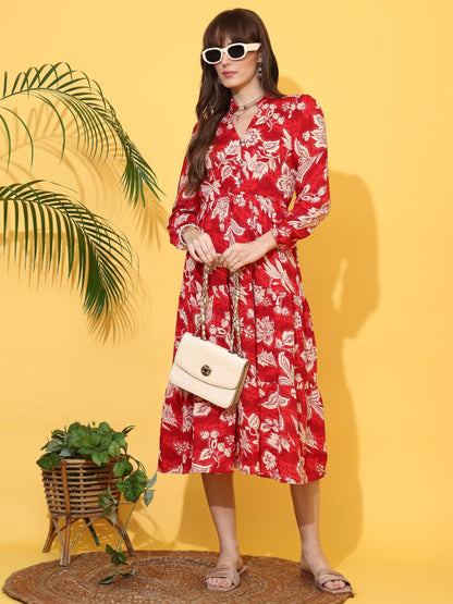Sheetal Associates WomenS Casual Full Sleeve Crepe Fit & Flare Dress | Comfortable Relaxed Fit Summer Party Dress Red