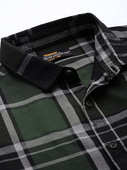 The Indian Garage Co Green Regular Fit Cutaway Collar Checkered Long Sleeves Shirt