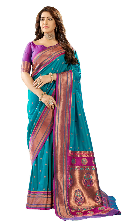 Pujia Mills Women Pure Paithani Soft Saree Banarasi Gold Zari Woven Border Saree For Wedding South Indian Ethnic Wear Saree 2025