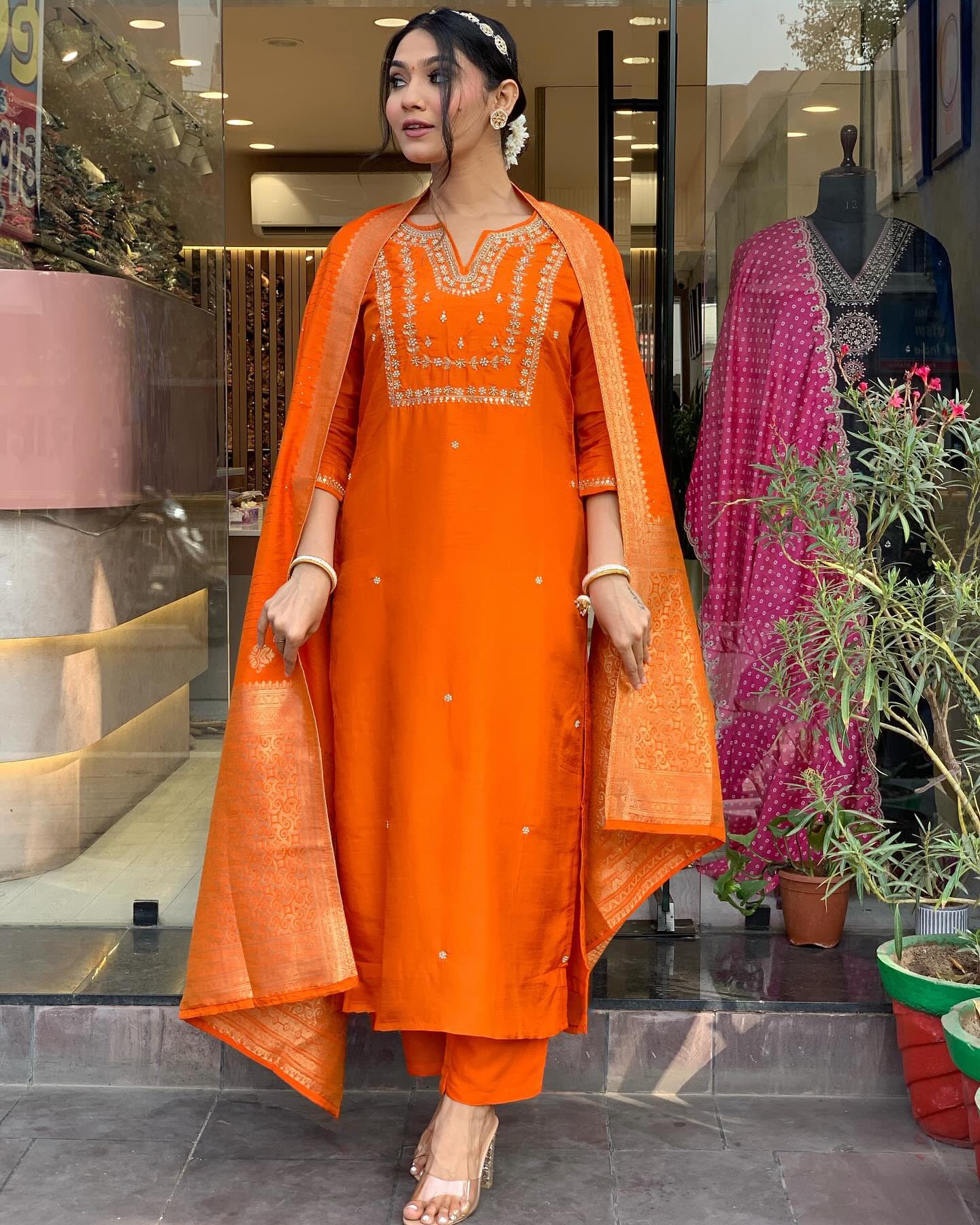 GoSriKi Women's Silk Blend Embroidered Kurta with Trousers & Dupatta, Size 48, Orange, Model MANUSHI BEGANI-GS