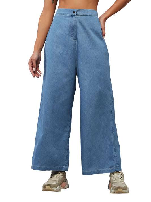 Dolce Crudo Womens Flared Wide-Leg High Rise Clean Look Regular Length Non Stretchable Denim Pants (DOSS24DEN69-48-115-26, Blue