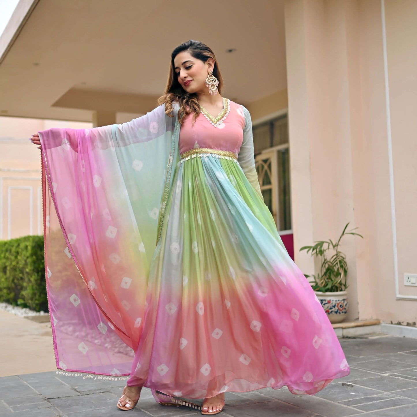 Anveri Textiles WomenS Georgette Anarkali Kurta And Dupatta Set | V Neck 3/4 Sleeves Regular Fit Flared Anarkali Kurta And Prin