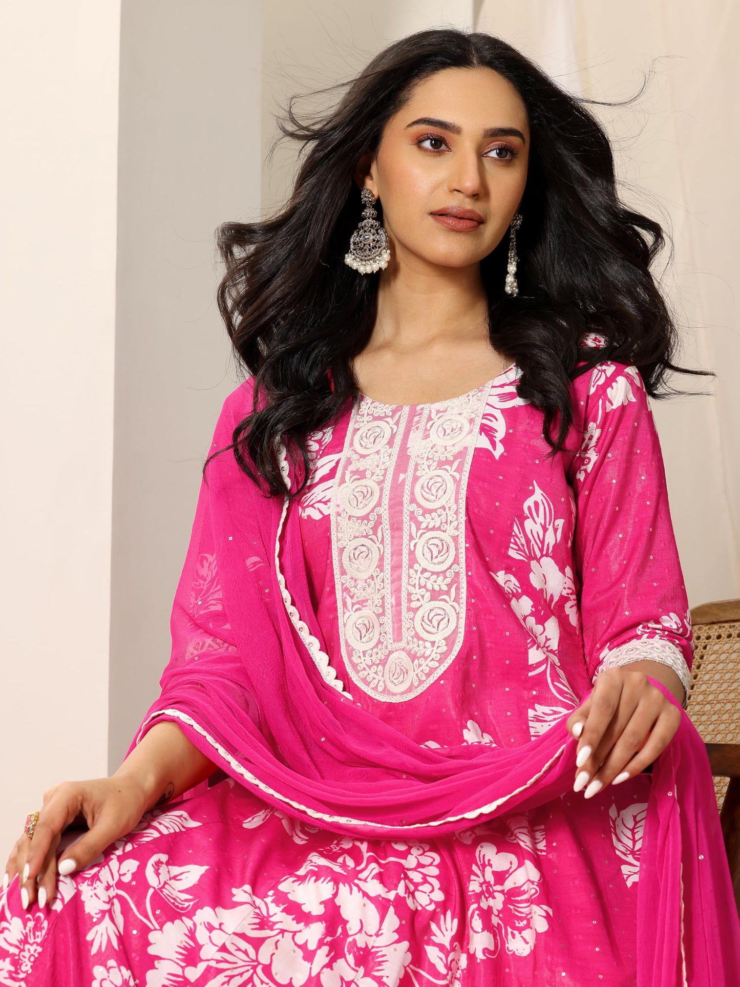 Pink Floral Printed Panelled Anarkali Kurta With Solid Trouser And Chiffon Dupatta