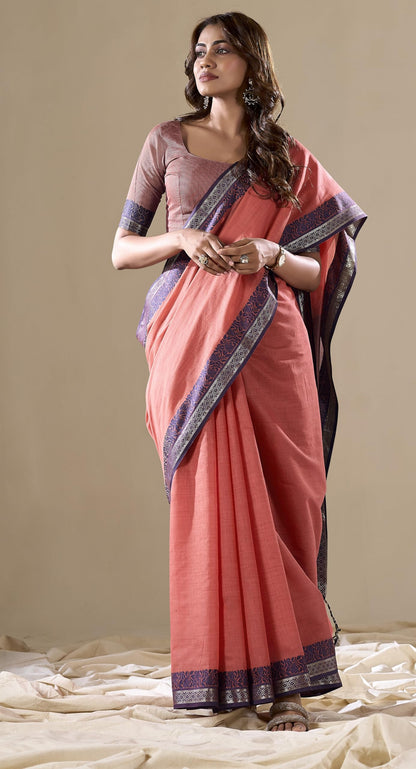 Pujia Mills WomenS Handloom Cotton Saree With Contrast Weaving Border Indian Ethnic Wear Saree Office Wear Cotton Saree With Un