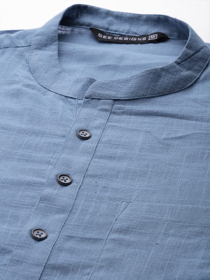 See Designs Mens Kurta - Specially Crafted And Designed For The Eid Festival Men Blue Cotton Straight Kurta With Slub Effect Wit