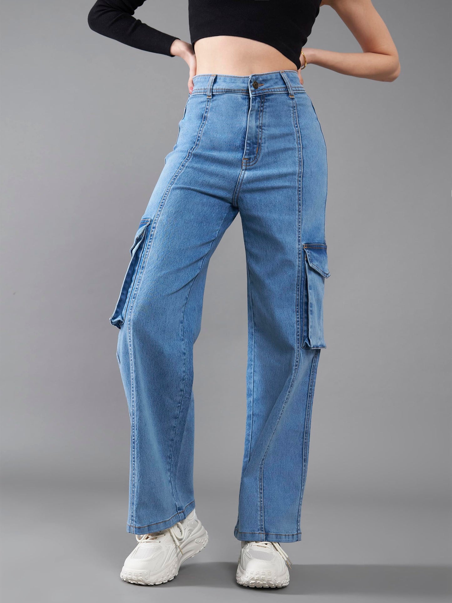 Dolce Crudo Womens Wide Leg High Rise Clean Look Regular Length Stretchable Patch Pocketed Denim Jeans (DOSS24DEN67-05-115-26,