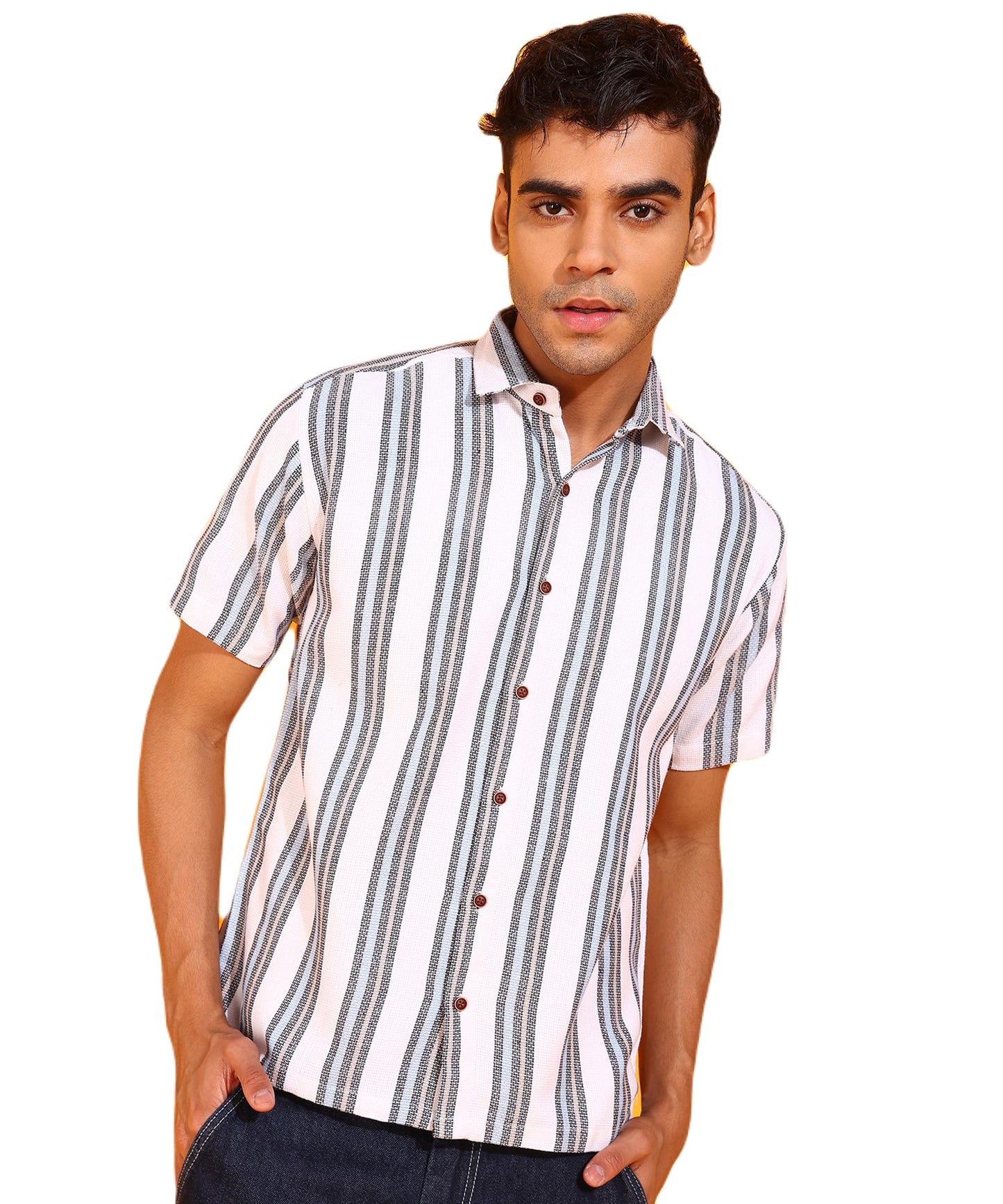 Mildin MenS Cotton Blend Striped Printed Shirt With Spread Collared Neck Half Sleeve Button Closure Regular Fit Straight Standa