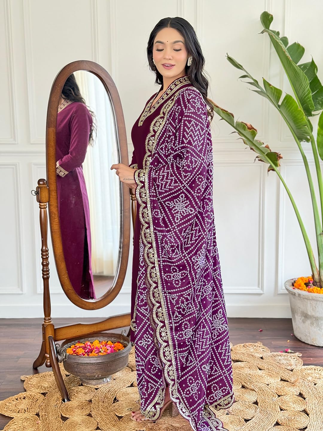 Naixa Womens Maroon Viscose Silk Embroidered Straight Kurta with Viscose Silk Pant and Chinon Printed Dupatta Sets (NX-586-Maro