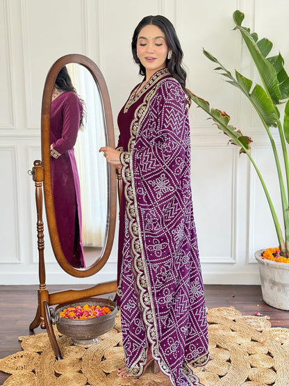 Naixa Womens Maroon Viscose Silk Embroidered Straight Kurta with Viscose Silk Pant and Chinon Printed Dupatta Sets (NX-586-Maro