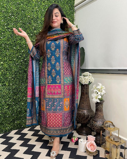 GoSriKi Women's Silk Blend Printed Kurta with Pants & Dupatta, Size 48, Multicolored, Model SULA MULTI-GS