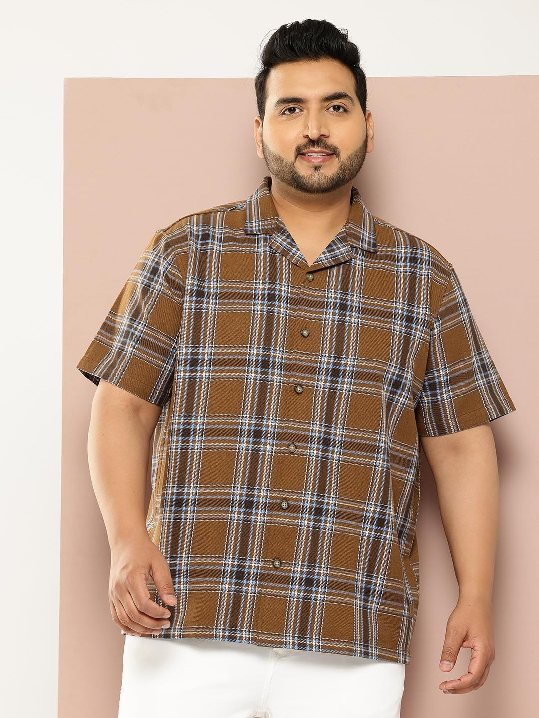 Thomas Scott Men | Short Sleeves | Regular Fit Plus Size | Windowpane Checks | 100% Cotton | Cuban Collar | Casual Shirt(TS1730_