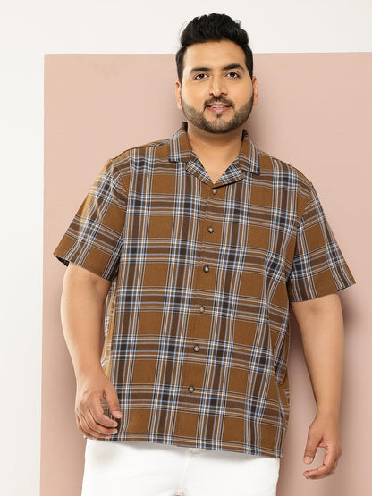Thomas Scott Men | Short Sleeves | Regular Fit Plus Size | Windowpane Checks | 100% Cotton | Cuban Collar | Casual Shirt(TS1730_