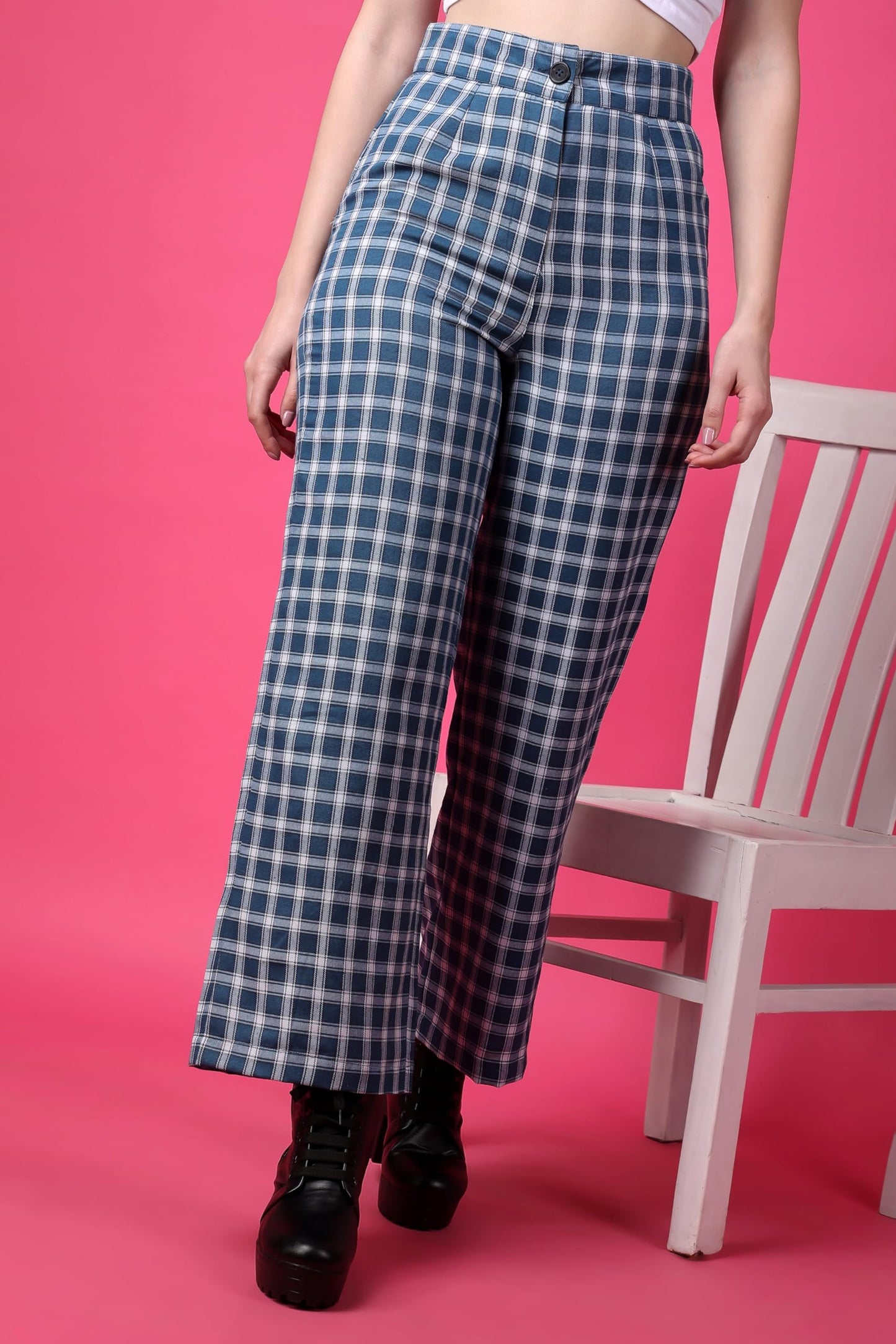 POPWINGS Casual Check Print Button and Zip Closure Trouser for Women | Western Wide-Leg Trouser for Women | Summer Trousers for