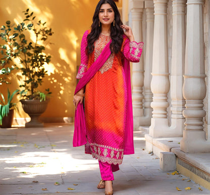 ANNI DESIGNER Women's Rayon Viscose Straight Bandhani Embroidered Kurta with Pant & Dupatta