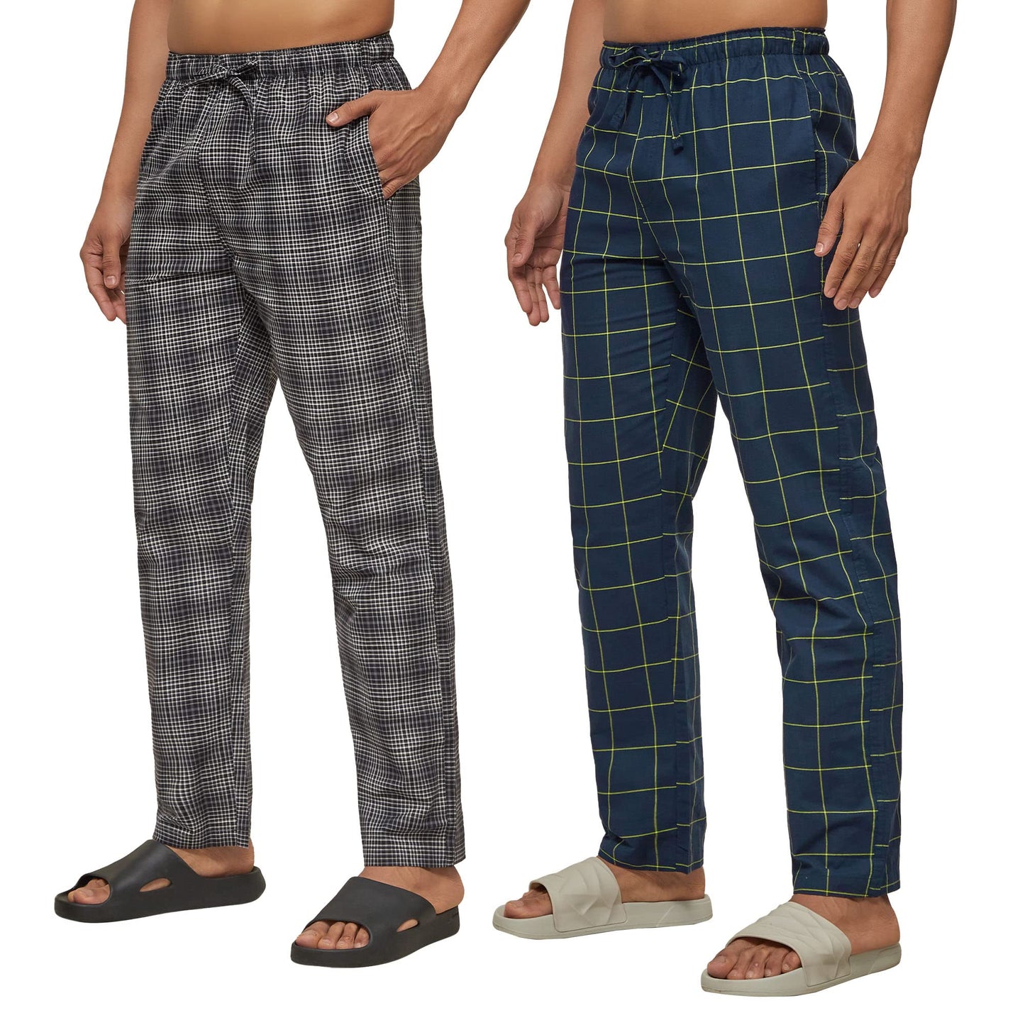 XYXX Mens Super Combed Cotton Checkered Checkmate Pyjamas [Pack of 2] Elasticated Waist, Drawstring | Loungewear for Men in Bla