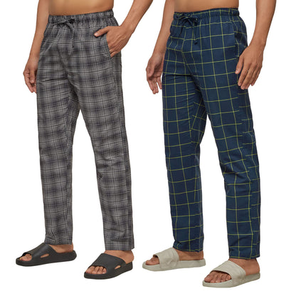 XYXX Mens Super Combed Cotton Checkered Checkmate Pyjamas [Pack of 2] Elasticated Waist, Drawstring | Loungewear for Men in Bla