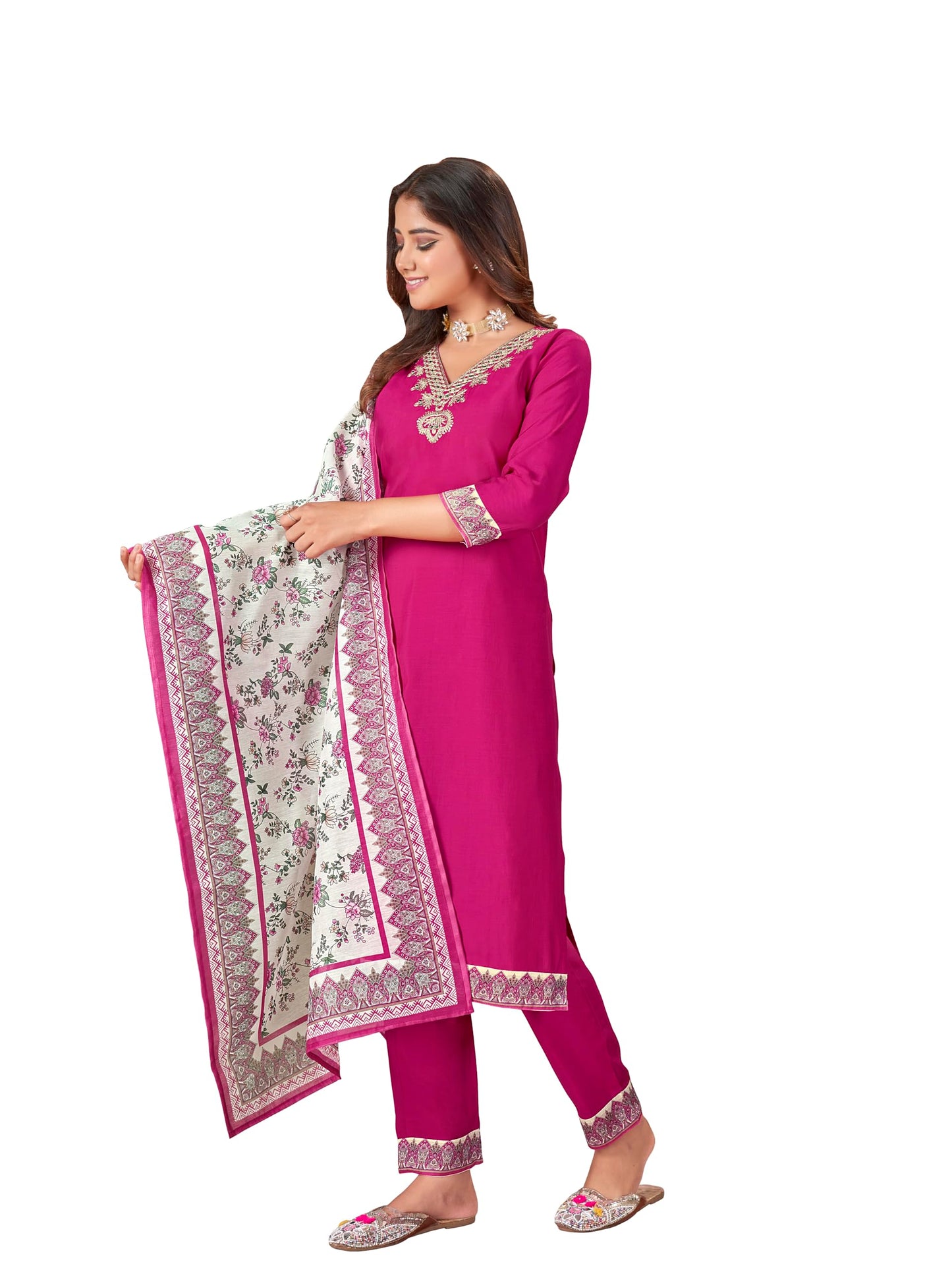 Stylum WomenS Magenta Solid & Embroidered Silk Straight Kurta Pant Dupatta Set