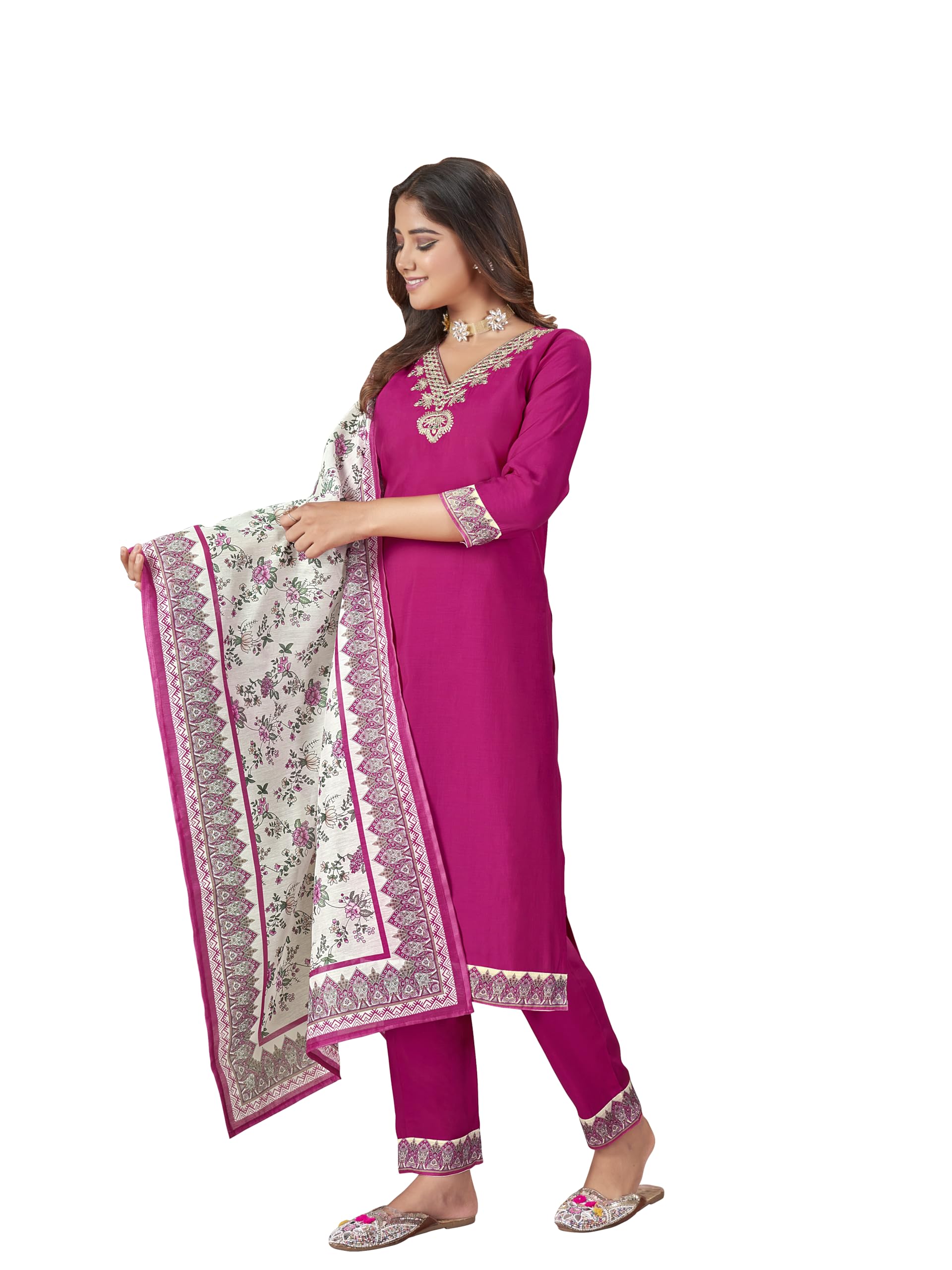 Stylum WomenS Magenta Solid & Embroidered Silk Straight Kurta Pant Dupatta Set