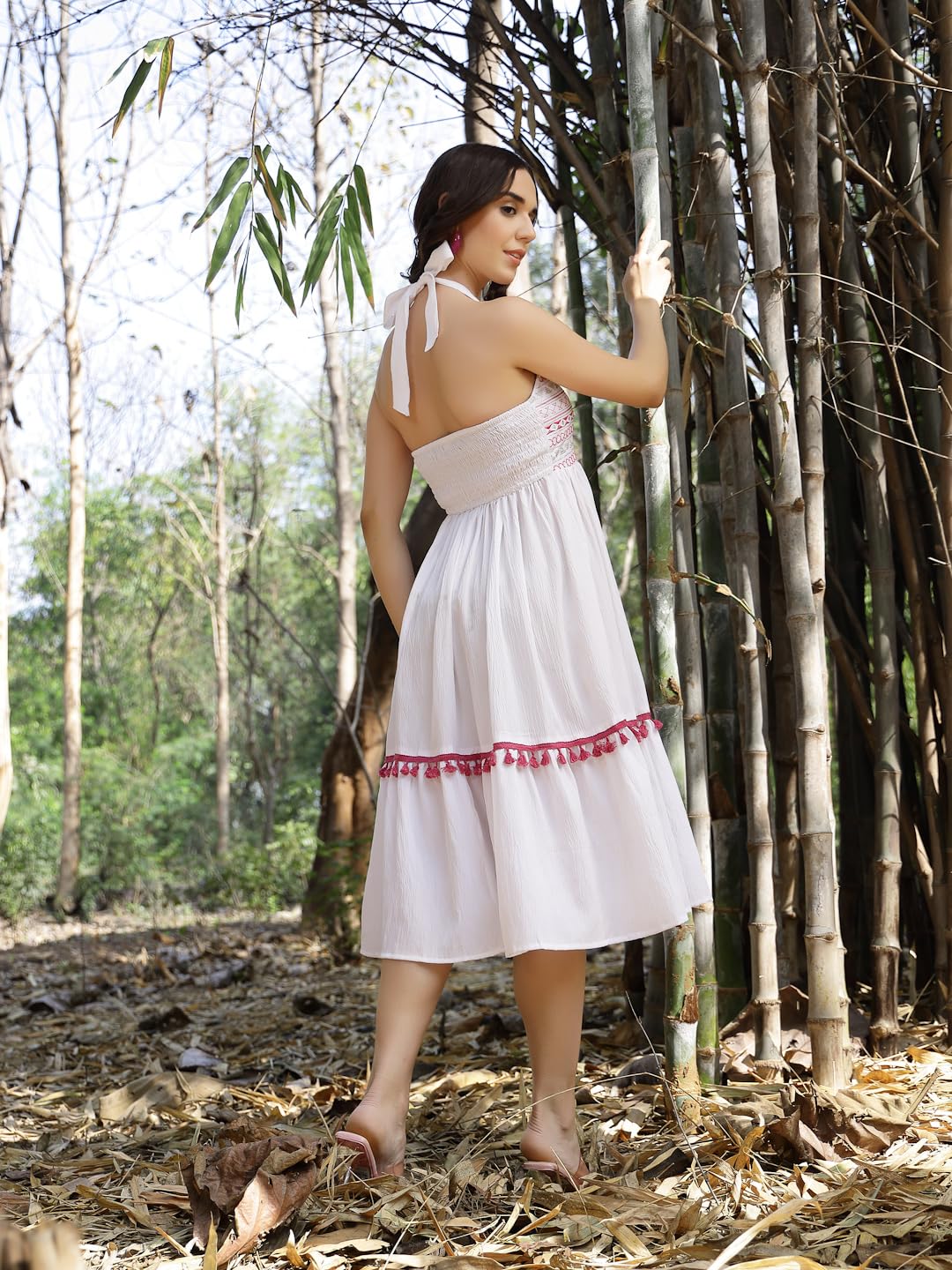 Stylum Womens Solid & Embroidered Italian Crepe Flared Dress White