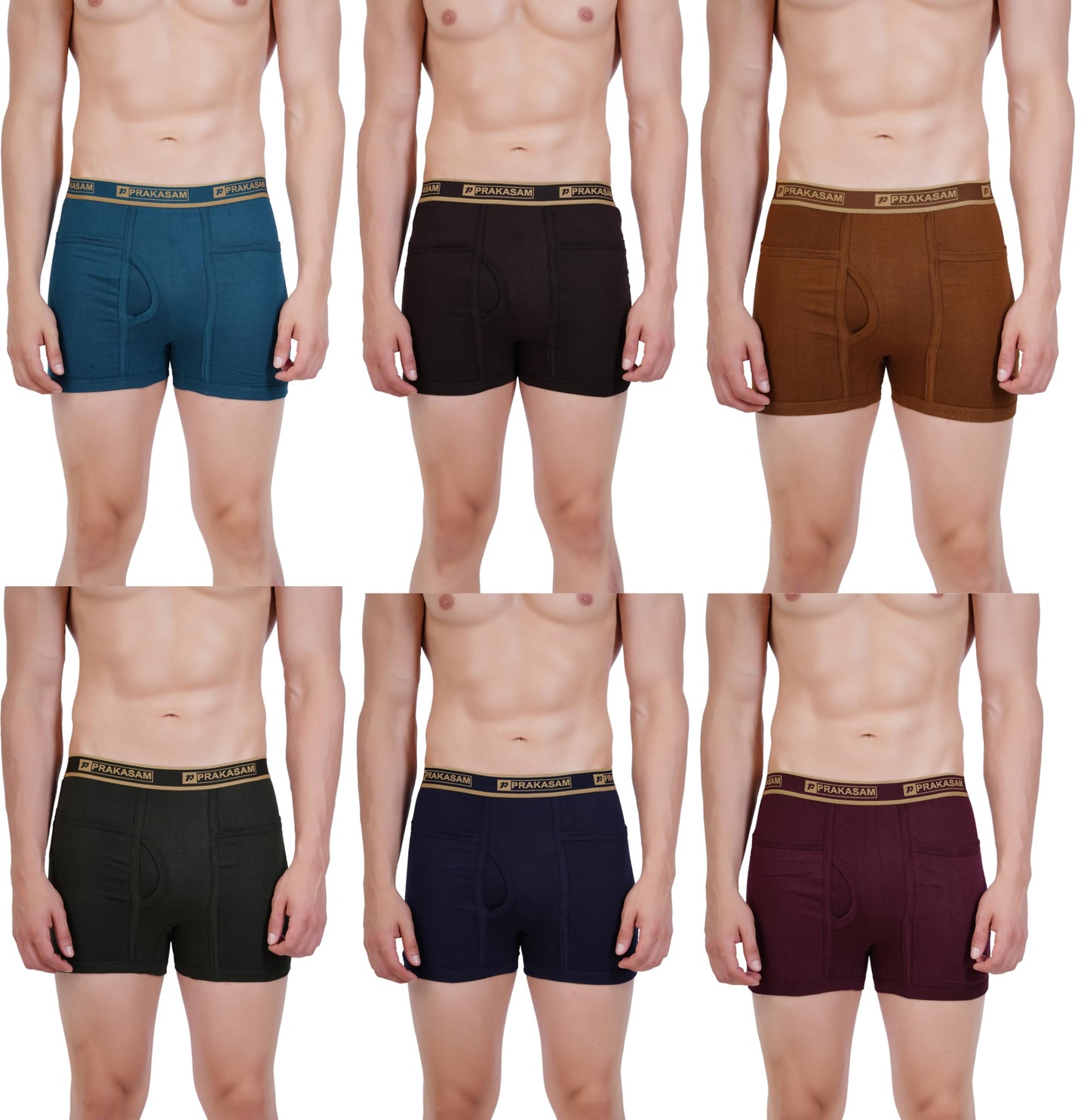 PRAKASAM COTTON -Marlow Mens 100% Pure Combed Cotton Outer Elastic Pocket Trunks (Pack of 6) Multi Colour