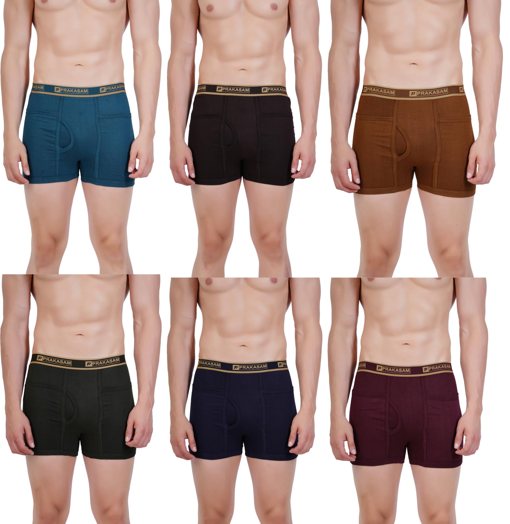 PRAKASAM COTTON -Marlow Mens 100% Pure Combed Cotton Outer Elastic Pocket Trunks (Pack of 6) Multi Colour