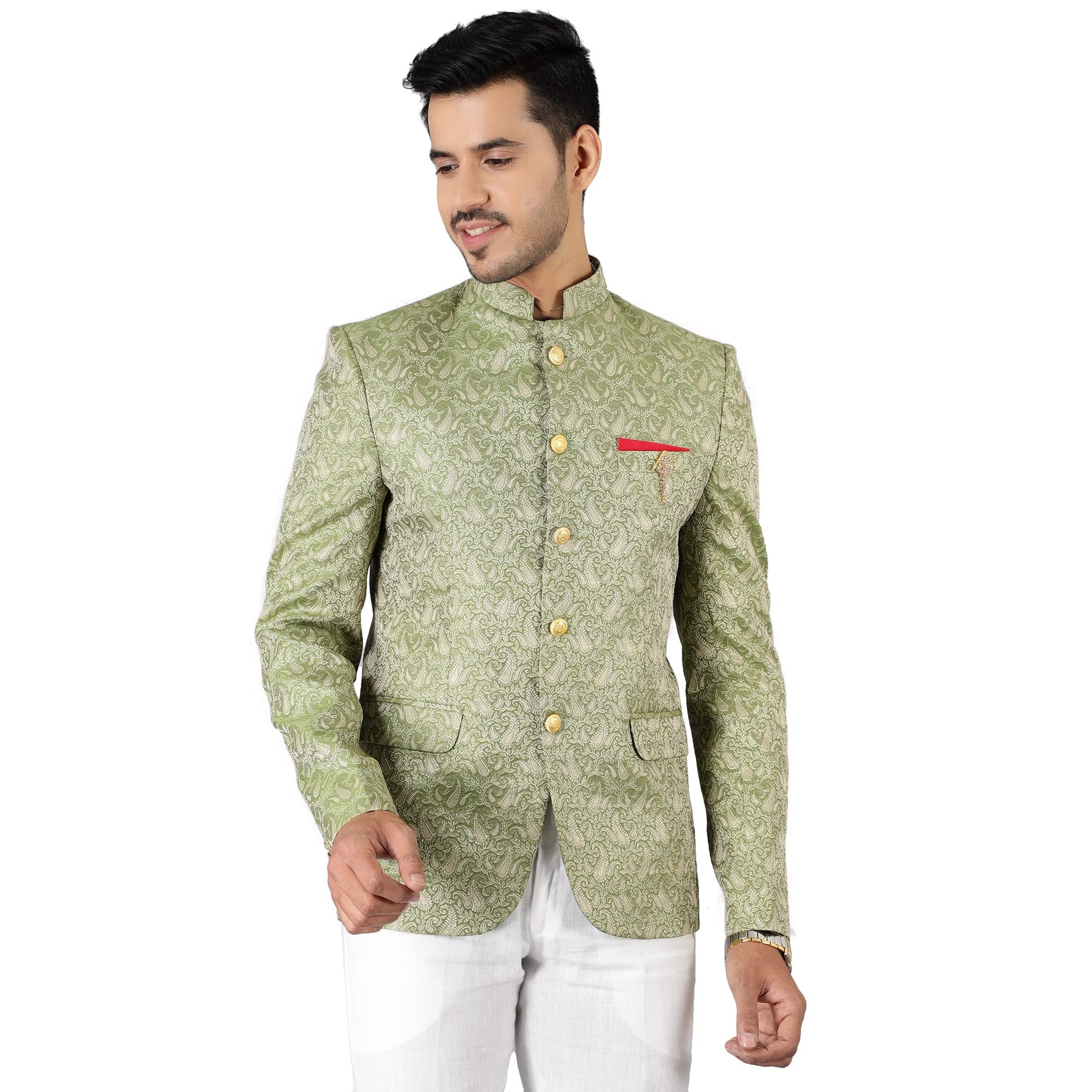 WINTAGE Mens Banarasi Rayon Cotton Green Bandhgala: 44/ XL