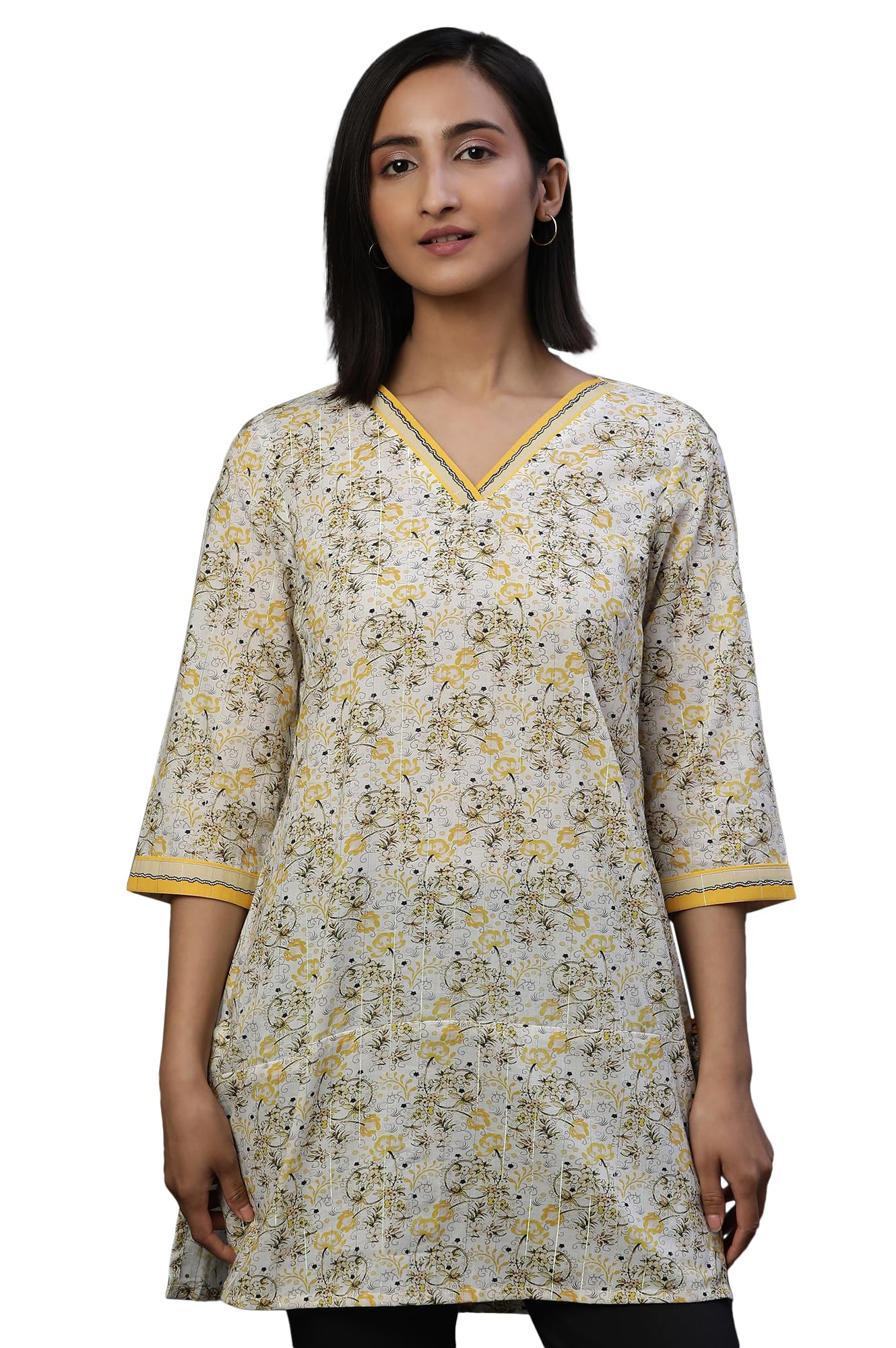 Aurelia WomenS Cotton Floral Regular Kurti (24Fea30416_Yellow