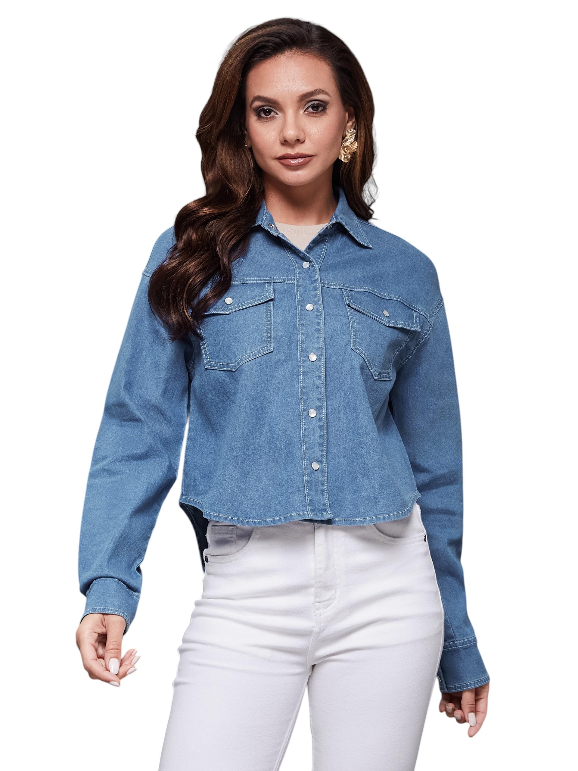 Miss Chase Womens Shirt Collar Full Sleeve High Low Crop Denim Shirt (MCSS25DEN03-48-303-03, Mid Blue, S)