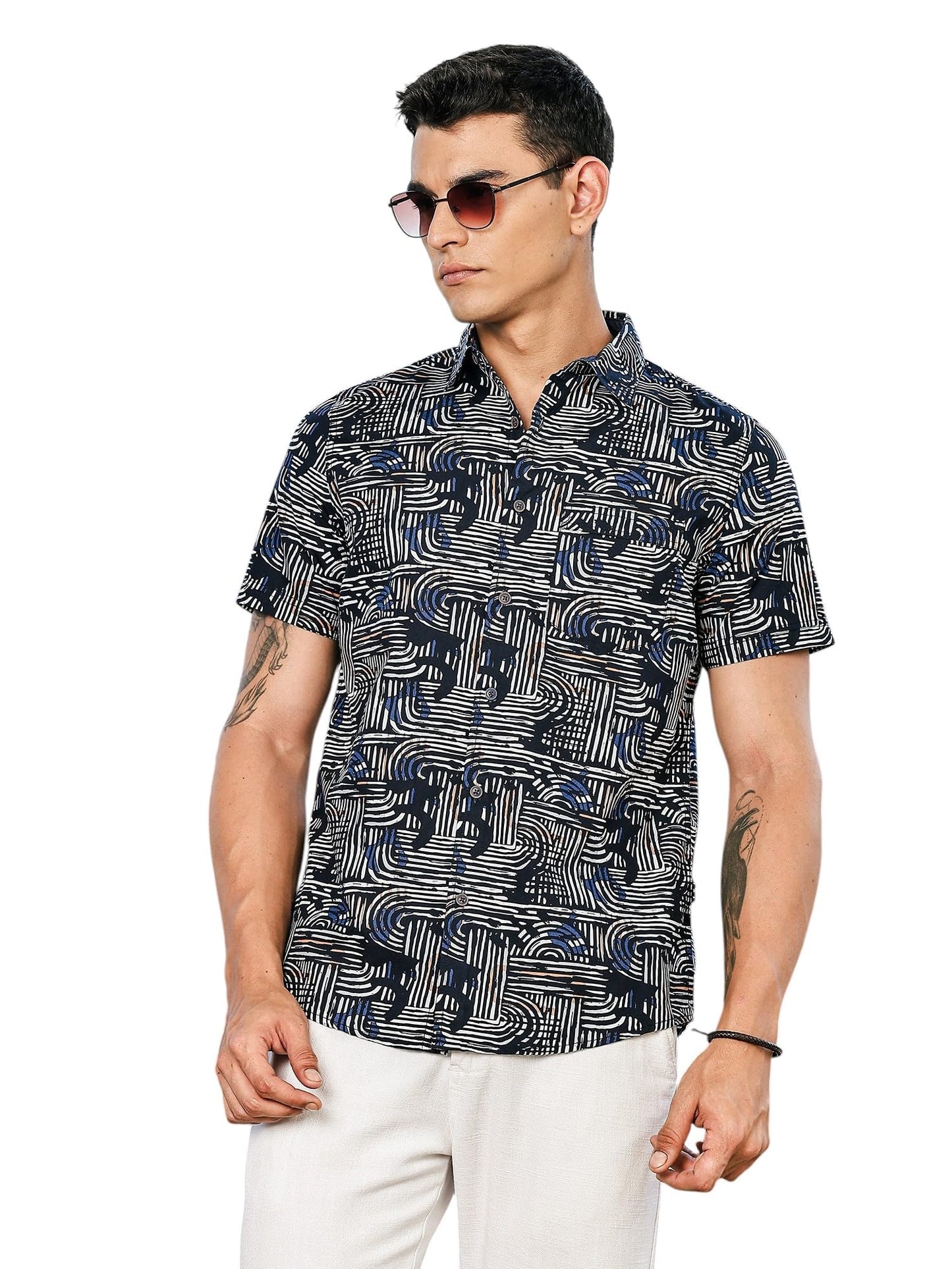 Thomas Scott Mens | All Over Printed | Spread Collar | 100% Cotton | Short Sleeve | Shirts for Men (Available in Plus Size)