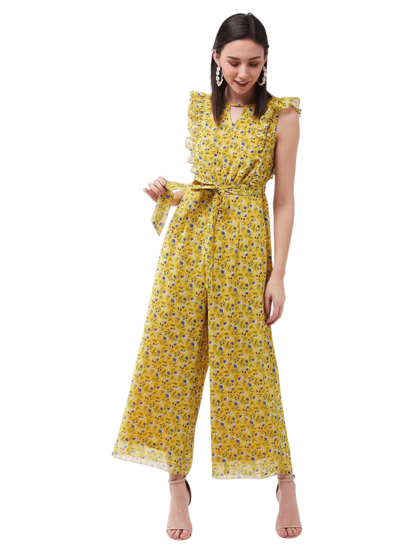 Miss Chase Womens Round neck Sleeveless Floral Wide Leg Regular Jumpsuit (MCSS25D93-17-586-06, Multicolored Base Butter Yellow,
