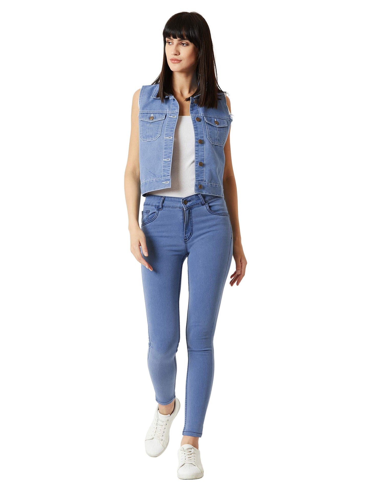Miss Chase WomenS Light Blue Polo Neck Sleeveless Denim Solid Buttoned Ice Wash Raw Edge Detailing Crop Denim Jacket (Mcss19Den