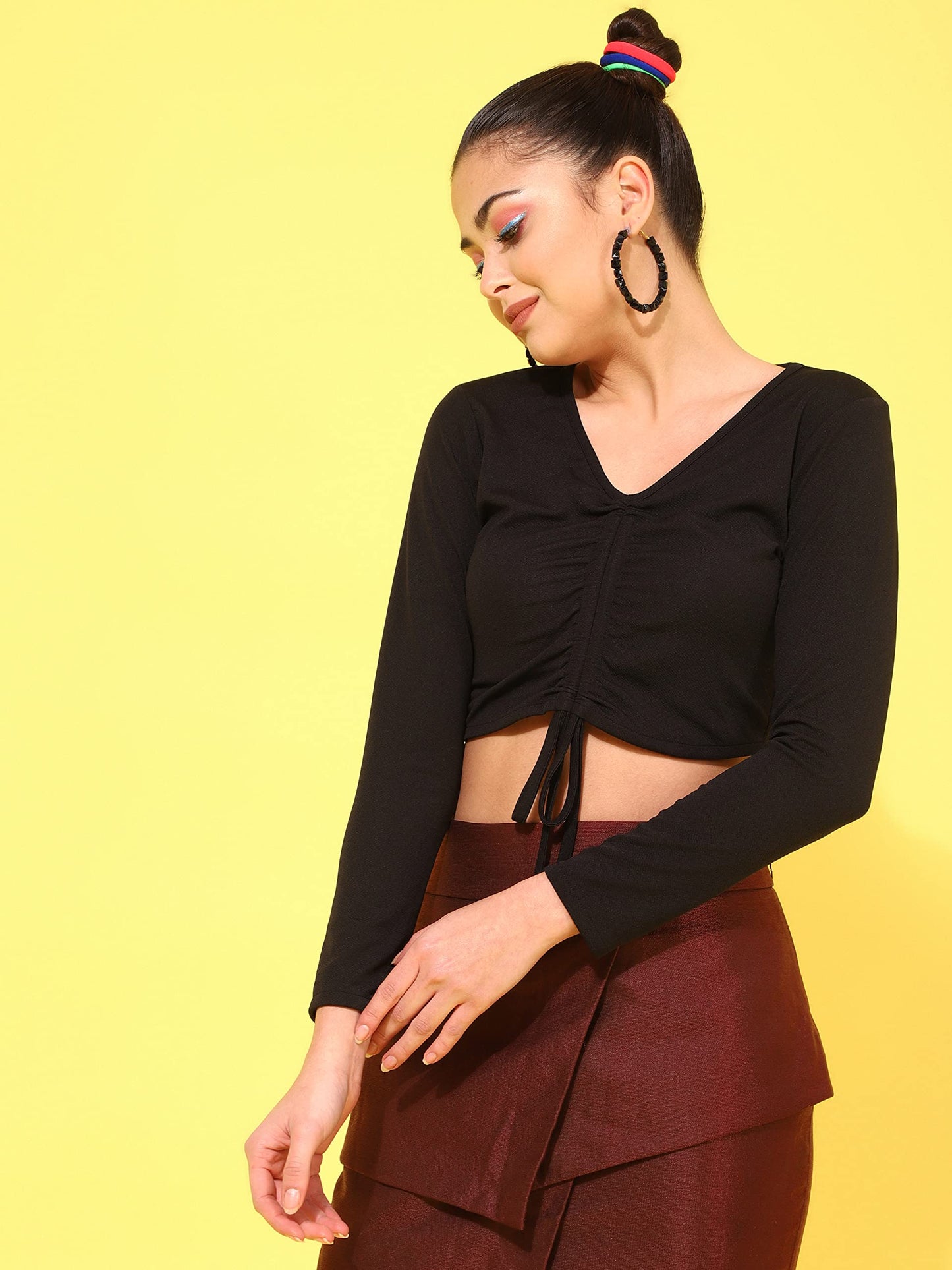 OOMPH! V Neck Crop Tops for Women, Black - mt499