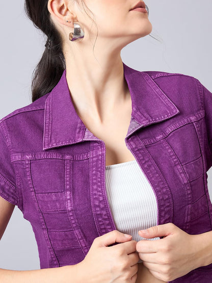 Style Quotient Women Purple Open Front Denim Shrug
