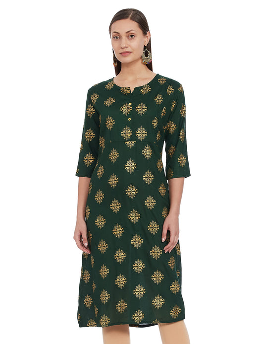 anubhutee Women's Olive Green Golden Ethnic Printed A-Line Kurta