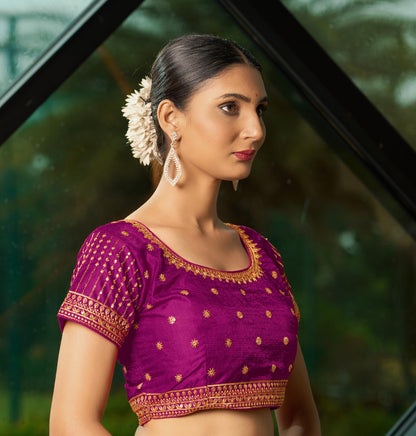 Pujia Mills Womens Wine Readymade Blouse Embroidery Multi Coding Gold Thread Indian Ethnic Designer Blouse Stitched Womens Rea