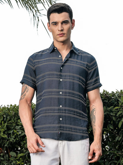 Thomas Scott Mens | Stripes | Short Sleeve | Spread Collar | Premium Polycoton Material | Slim Fit | Casual | Shirts for Men(TS