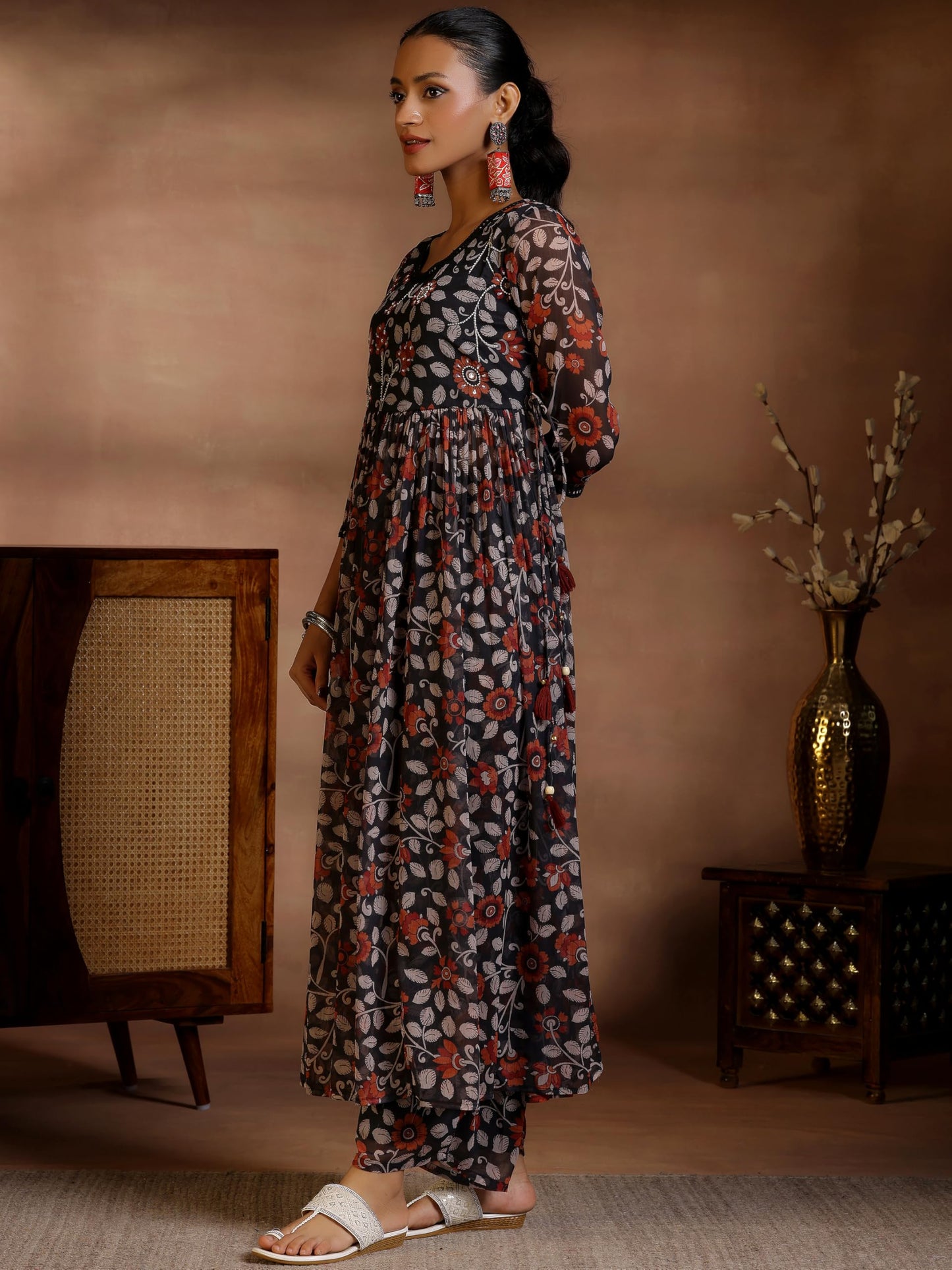 Libas WomenS Poly Chiffon Kurta Set (27669_Black