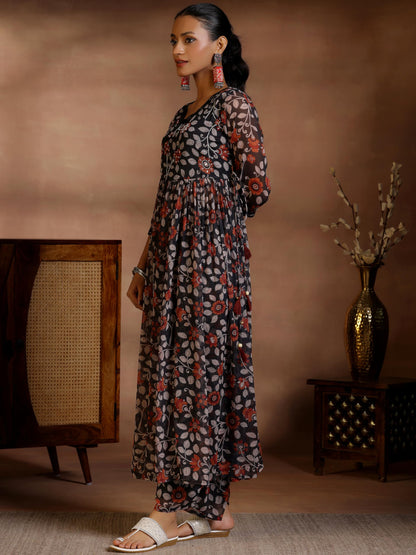 Libas WomenS Poly Chiffon Kurta Set (27669_Black