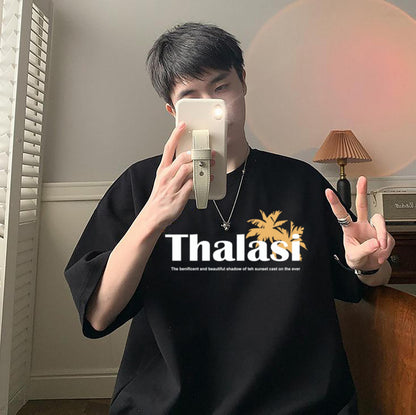 Thalasi Cotton Back Printed Oversized Tshirt For Men - Black Beach Tee With Stylish Print Half Sleeve,Down Shoulder,Round Neck A
