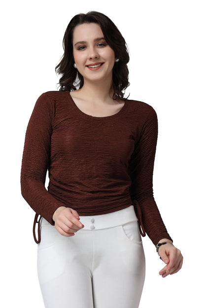 POPWINGS Casual Self Design Regular Fit Polyester Full Sleeves Crop Tops for Women with Crush String Brown