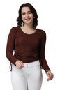 POPWINGS Casual Self Design Regular Fit Polyester Full Sleeves Crop Tops for Women with Crush String Brown