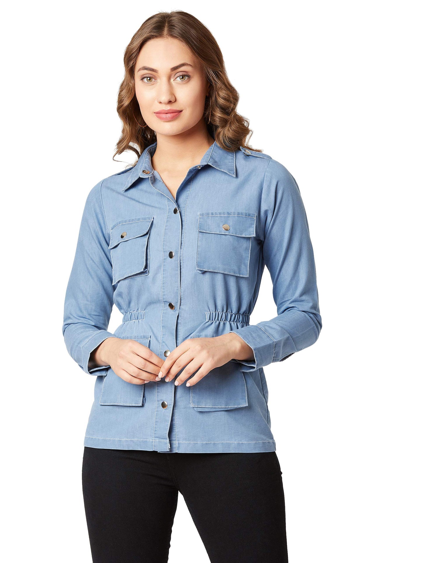 Miss Chase WomenS Light Blue Full Sleeves Denim Jacket(Mcaw19Den05-64-158-05,Light Blue,Large)