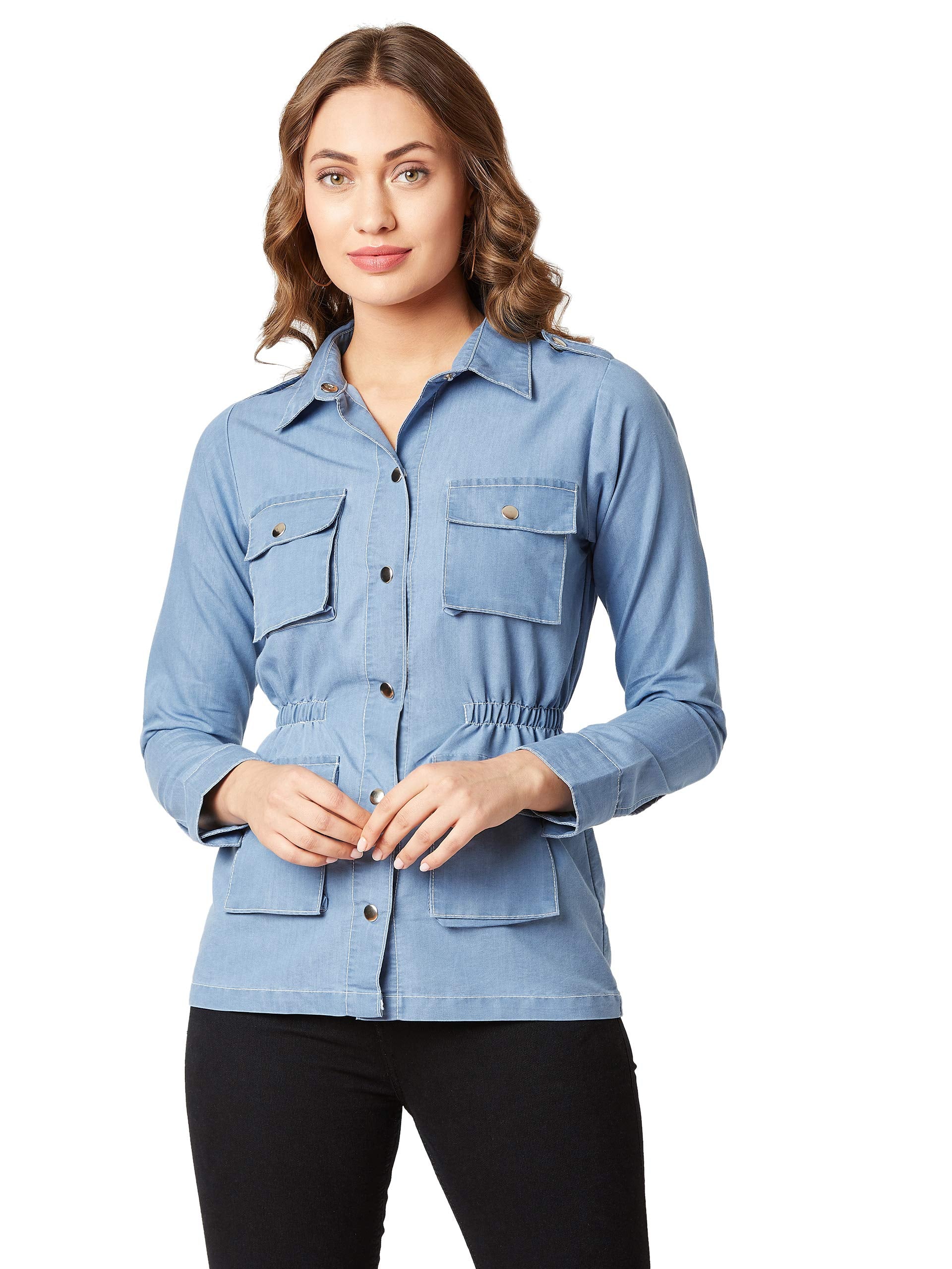 Miss Chase WomenS Light Blue Full Sleeves Denim Jacket(Mcaw19Den05-64-158-05,Light Blue,Large)