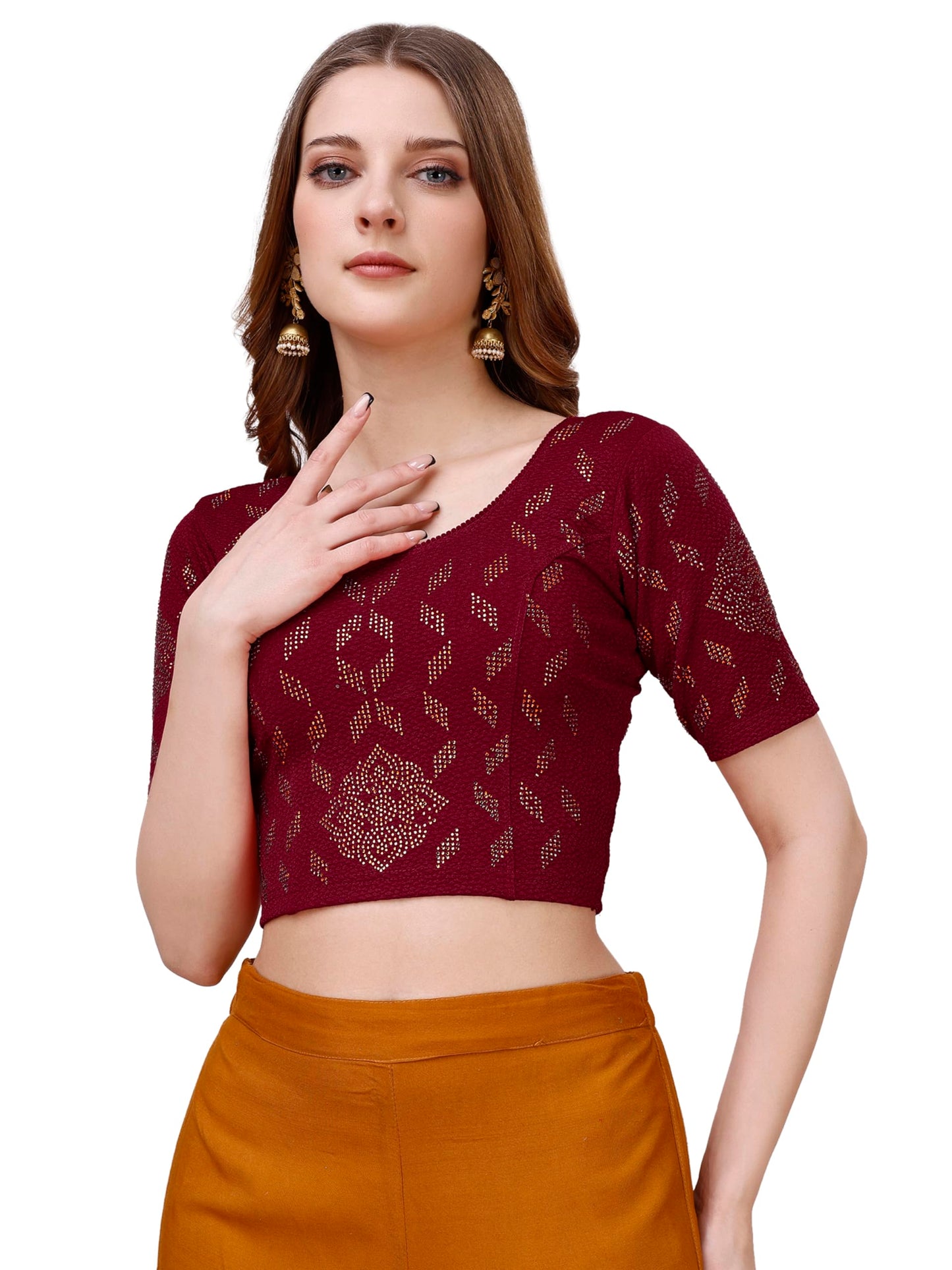 Vihu Fashion Womens Readymade Hosiery Lycra Stretchable Round Neck Half Sleeve Blouse with swaroski Work Fancy Lycra Stretchabl