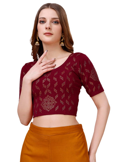 Vihu Fashion Womens Readymade Hosiery Lycra Stretchable Round Neck Half Sleeve Blouse with swaroski Work Fancy Lycra Stretchabl