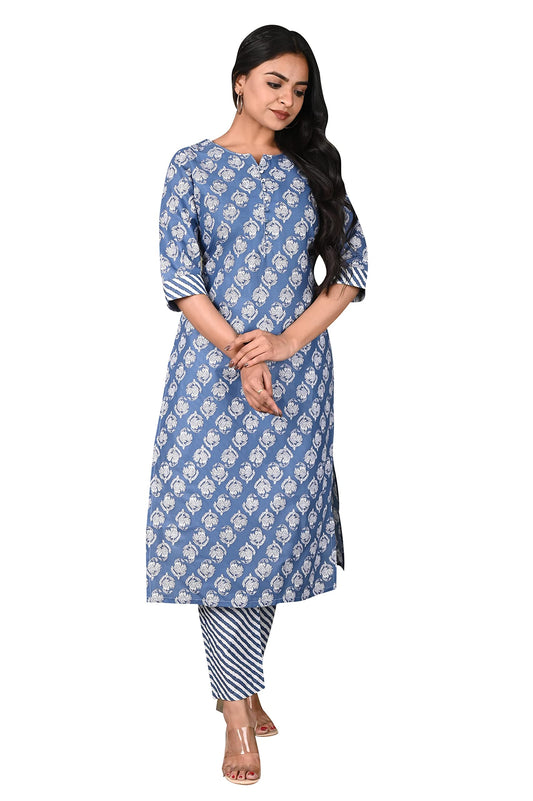 GoSriKi Women's Cotton Blend Straight Printed Kurta with Pant (Funki-GO)