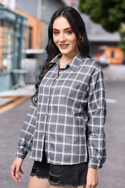 POPWINGS Casual Checks Print Shirt for Women | Cotton Full-Sleeves Women Shirt | Summer Shirt for Women | Stylish Shirt for Wome