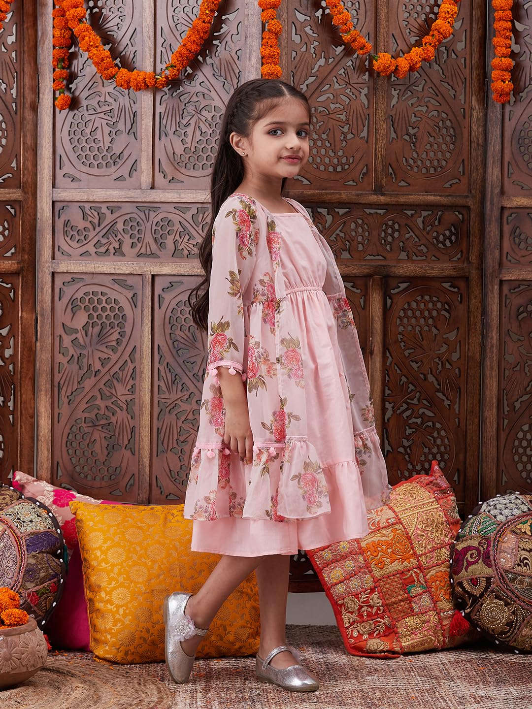 Pspeaches Girls Shoulder Straps Cotton Ethnic Dress with Printed Jacket Peach