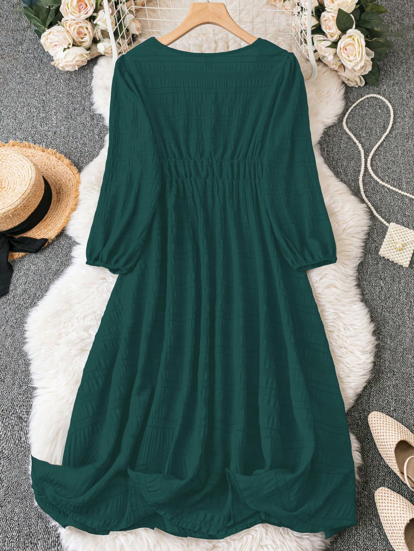 Shasmi Womens & Girls Teal Dress For Women Midi, One Piece Dress For Womens Casual Dress, Solid Textured Lantern Sleeve Tie Fron