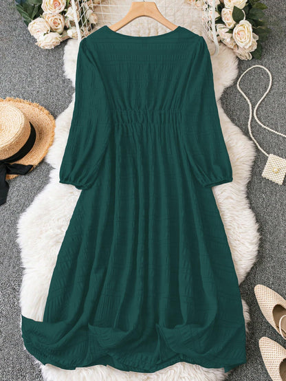 Shasmi Womens & Girls Teal Dress For Women Midi, One Piece Dress For Womens Casual Dress, Solid Textured Lantern Sleeve Tie Fron